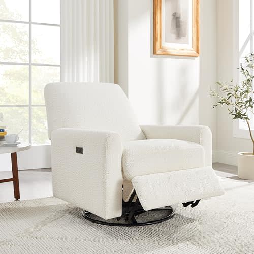 VANOMi Power Swivel Glider Recliner Chair, Electric Nursery Rocker Recliner Chair, USB & Type-C Charger, Boucle White