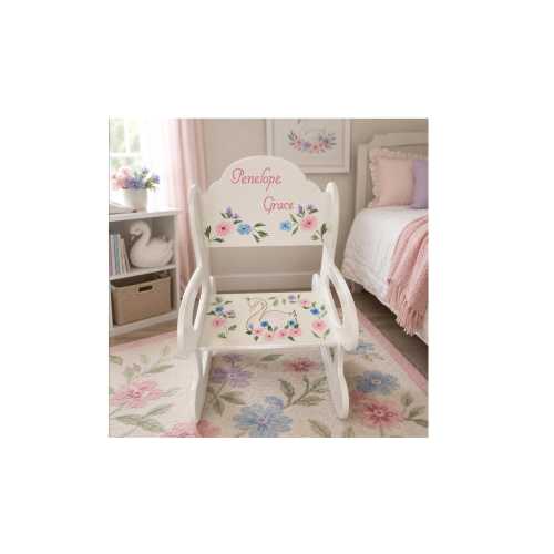 Personalized Hand-Painted Wood Rocking Chair – Swan with florals or request a different design