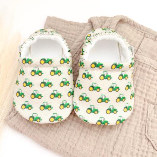 Tractor Print Baby Booties: Handmade Soft Sole Crib Shoes