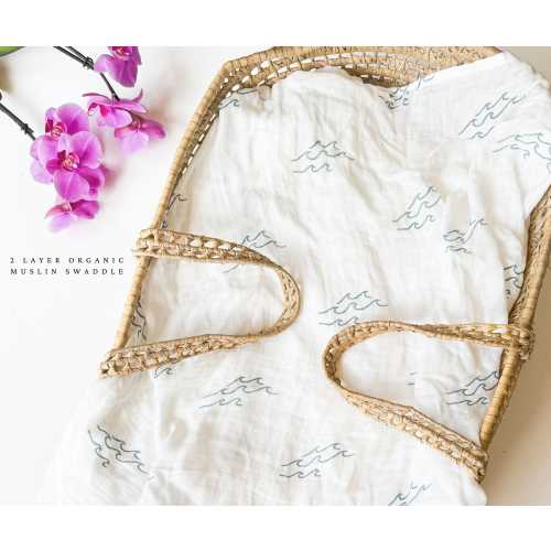 Wave Baby Blanket or Swaddle, 100% Organic thick Bamboo + Cotton Muslin, Ocean Nursery Decor, Surfer Newborn Gift, Beachy, Coastal, Nautical