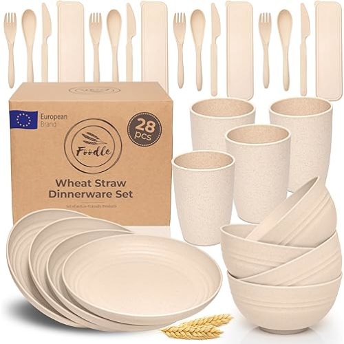 FOODLE Wheat Straw Dinnerware Set - Picnic, Camping Plates Cups and Bowls