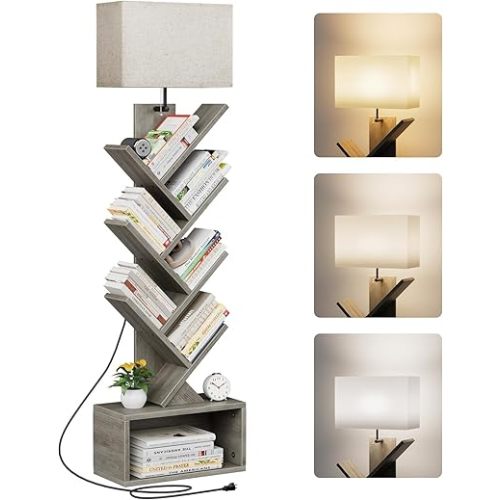 Evermagin 6 Tier Tree Bookshelf with Light, Narrow Bookcase Tower, Tall Floor Standing Book Shelf Organizer with Storage Cabinet for Living Room, Bedroom and Home Office, Gray