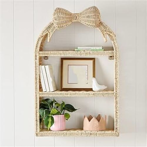 Rattan Wall Hanging Storage Basket, Boho Wall Decor and Woven Wall Shelf, Decorative Rattan Floating Shelves for Bohemian Style House, Cute Wall Art Above Couch or Bed