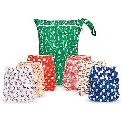 Simple Being Reusable Cloth Diapers, Double Gusset, One Size Adjustable, Washable Soft Absorbent, Waterproof Cover, Eco-Friendly Unisex Baby Girl Boy, six 4-Layers Microfiber Inserts (Christmas)