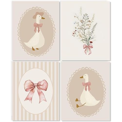 LUKIPOM Boho Girl Nursery Wall Art Prints 8x10 Set of 4, Boho Wildflowers Nursery Decor, Coquette Pink Bow Goose Wildflowers Floral Wall Art Posters for Baby Girl Room Bedroom Decor, Unframed