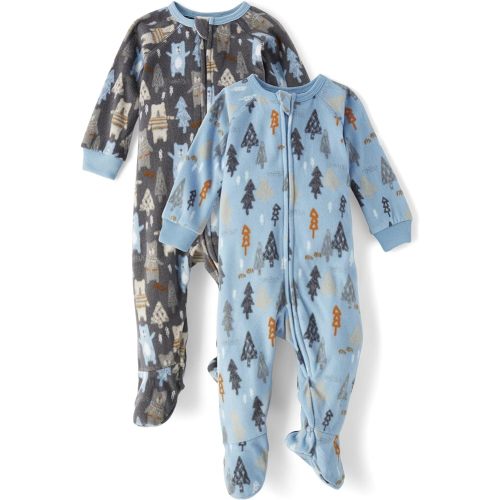 The Children's Place Baby Boys' and Toddler Fleece Zip-Front One Piece Footed Pajamas 2-Pack - 9-12 Months - Forest Bear