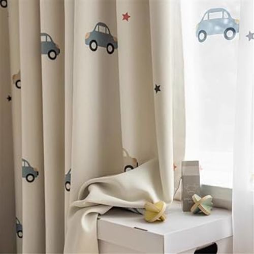 2 Panels Cute Cars Pattern Curtains for Kid's Bedroom Room Darkening Kids Curtains for Living Room Grommet Top Privacy Curtains for Nursery Room (Beige,W42 x L84 inches)