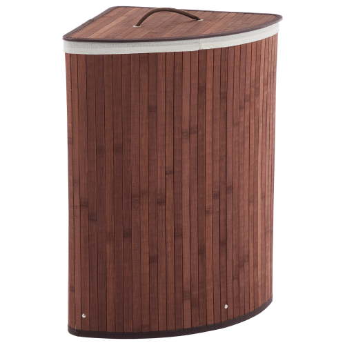 GOCAPTAIN Laundry Hamper with Lid, 58L Collapsible Wooden Storage Bin with Removable Double Liner, Corner Design for Bedroom/Bathroom, Dark Brown