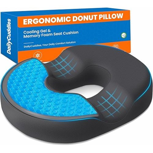 Donut Pillow for Tailbone Pain, Hemorrhoids - Cooling Gel Memory Foam Chair Seat Cushion for Office, Home & Wheelchair, Ergonomic Chair Pad for Pregnancy, Sciatica, Coccyx (Large, Black)
