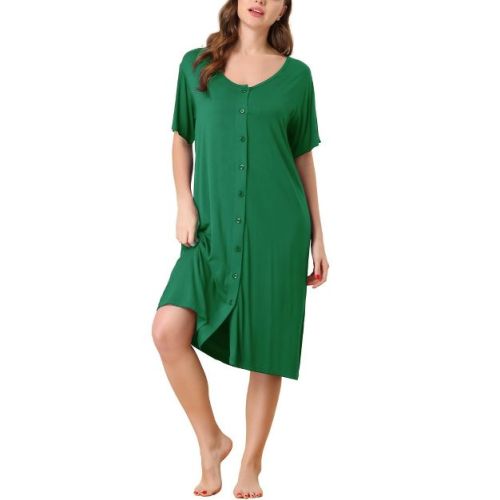 cheibear Women's Idea Gift for Mom Nightgown Button Down Short Sleeve Soft Modal Loose Pajama Sleepshirt Large Green