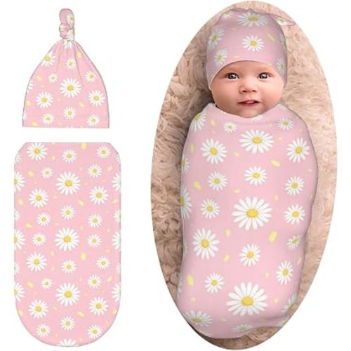 Daisy Pink Swaddle Blanket with Beanie Set, Soft and Stretchy Receiving Blanket for Boy and Girl