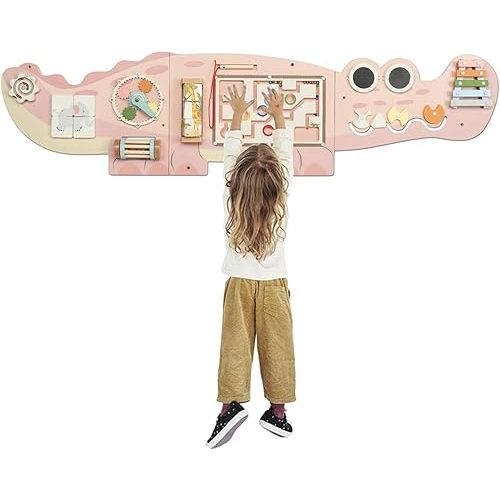 JOYMOR Crocodile Activity Wall Busy Board Panels, Wooden Sensory Wall w/ 11-in-1 Toddler Montessori Learning Activity Center, Ideal Educational Gift for Boys and Girls, Pink