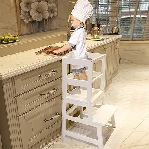 Kitchen Step Stool for Toddlers with Non-Slip Mat, Wood City Wooden Kids Montessori Learning Stool Tower(White)