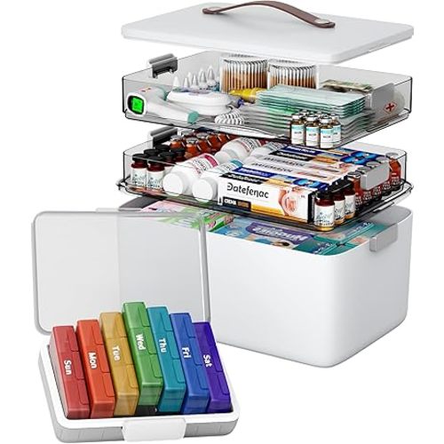 CTIME 3-Tier Medicine Organizer with Pill Case - Portable Pill Case & Empty First Aid Kit for Home, Travel, RV, School, Dorm, Ideal Elderly, Father Gift