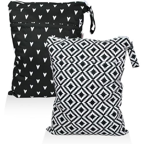 Mama Koala 2 Pack Wet Dry Bags on the Go, Swimming Pool, Beach, in Gym, Fitness Center, Natatorium, Polyester Waterproof Diaper Bag with 2 Pockets, Portable, Reusable, Machine Washable-12in/16in-019