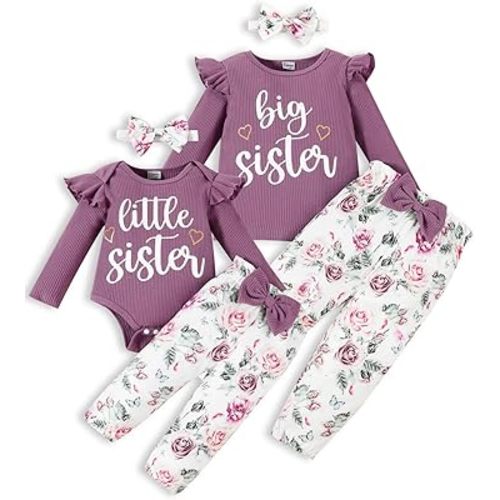 Big Sister Little Sister Matching Outfits Rib Knit Romper/Shirt Floral Pants Toddler Baby Girl Clothes