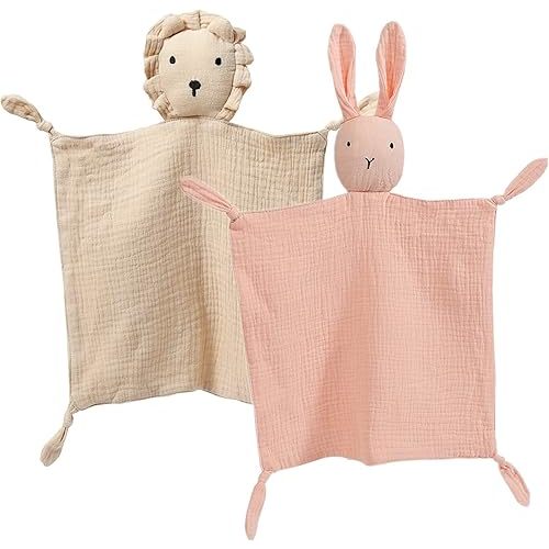 insular Lovey Blanket for Boys and Girls, Cotton Muslin Security Blanket for Babies, Bunny Lion Lovie Soothing Towel for Newborn and Infant, 2 Pcs Set (Pink&Khahi)