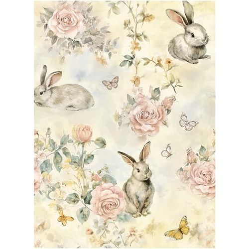 Theper Yellow Pink Floral Wallpaper Peel and Stick Wallpaper 17.3"×78.8" | Rabbit Butterfly Vintage Wall Paper Self Adhesive Removable Contact Paper Animal Waterproof Bunny Wallpapers for Bedroom