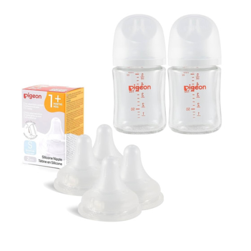 Pigeon Glass Baby Bottle(5.4 Oz, Pack of 2) with 4 Latch-On Line Silicone Nipples, Newborn Feeding Set(0~3M)