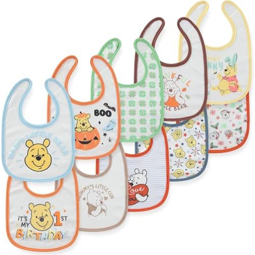 Disney Winnie the Pooh 10 Pack Milestone Baby Bibs Soft Absorbent Drool Bibs for Teething and Feeding Newborn to Infants Essentials
