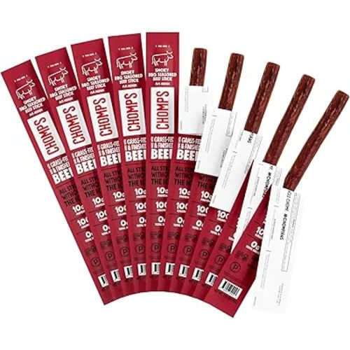 Chomps Grass-Fed and Finished Smoky BBQ Beef Jerky Snack Sticks 10-Pack - Keto, Paleo, Whole30, 10g Lean Meat Protein, Gluten-Free, Zero Sugar Food, Non-GMO