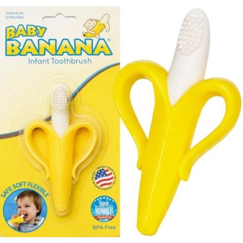 Baby Banana® Yellow Toothbrush-Teether, Infant to Toddler, Made in USA, Butter-Soft Silicone, No Micro-Plastics, Bendable, Family-Owned Buisness Since 2009, 11 Million+ Sold