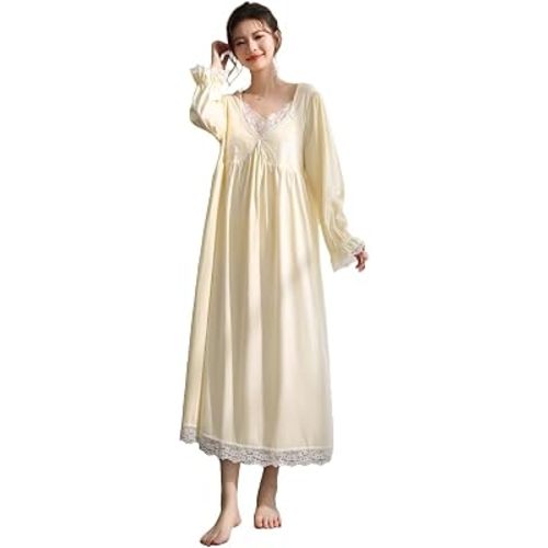Women's Victorian Soft V-Neck Long Sleeve Nightgown, Loose Princess Nightdress Sleepwear Pajamas
