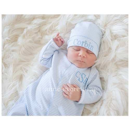 Baby Boy Coming Home Outfit-Pima Cotton Converter Gown-Blue Striped-Monogrammed Gown-Baby Boy Clothing-Pima Cotton Baby-Baby Shower Gift