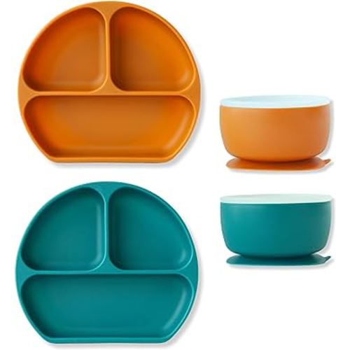 Silicone Suction Plate & Bowl Set, 4 Pack, 2 Plates, 2 Bowls, Silicone Baby Feeding Set, Baby/Toddler Tableware, Microwave, Dishwasher Safe, Divided Plate, BPA Free (Blueberry, Fig)