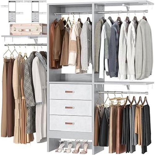 5FT Small Closet System with 3 Fabric Drawers, 60 Inches Walk In Closet Organizer System With 3 Adjustable Shelves, Heavy Duty Clothes Rack Built-In Garment Rack, 59" L x 16" W x 71" H, Grey