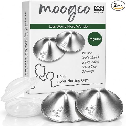 MOOGCO The Original Silver Nursing Cups - Nipple Shields for Breastfeeding Newborn - Breastfeeding Essentials - 999k Tri-Laminate Silver Nipple Covers (Regular Size, Set of 2)