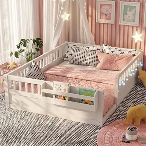 Full Toddler Floor Bed with High Rails, Wooden Montessori Bed Frame with Light and Storage Shelf, Full Size Bed Frame for Kids, Boys and Girls, White