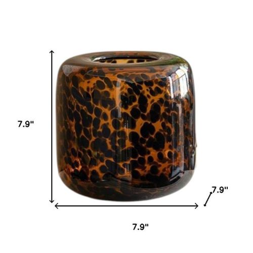 HomeRoots 8" Amber And Black Animal Print Glass Round Table Vase