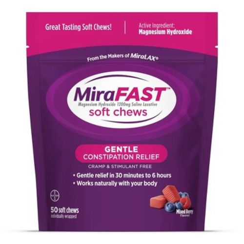 MiraFAST Soft Chews, Gentle Constipation Relief, Fast Acting, Stimulant Free Saline Laxative, Magnesium Hydroxide - Mixed Berry Flavor - 50ct