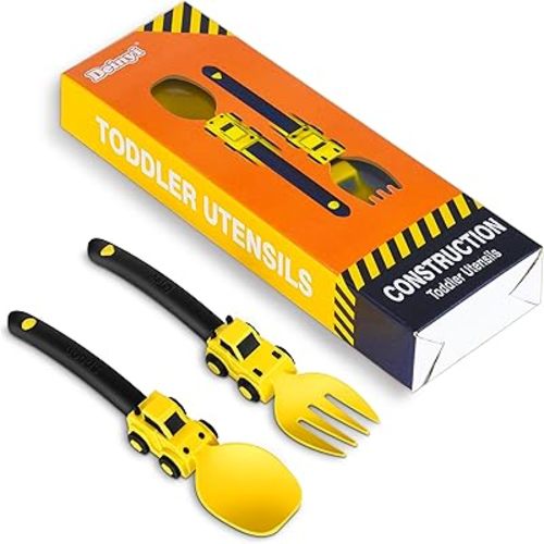 Deinyi Construction Toddler Utensils - Toddler Forks and Spoons - Kids Construction Toys Utensils - Forks and Spoons Silverware Set - Easter Birthday for 1 2 3 4 5 year old, Yellow
