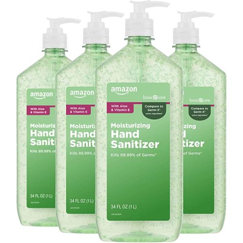 Amazon Basic Care Hand Sanitizer with Aloe Vera, 62% Ethyl Alcohol, Vitamin E Enriched, 12 fl oz, Pack of 6