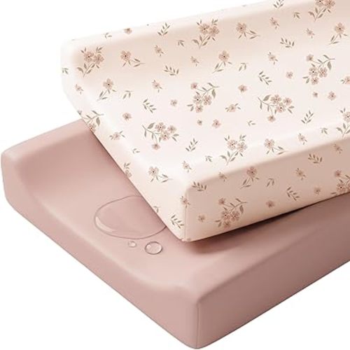 Konssy Waterproof Changing Pad Covers 2 Pack, PU-Coated Wipeable Diaper Changing Table Sheets for Baby Girls Boys, Boho Nursery Gift Set, Fits Standard 16x32 inches (Blossom)