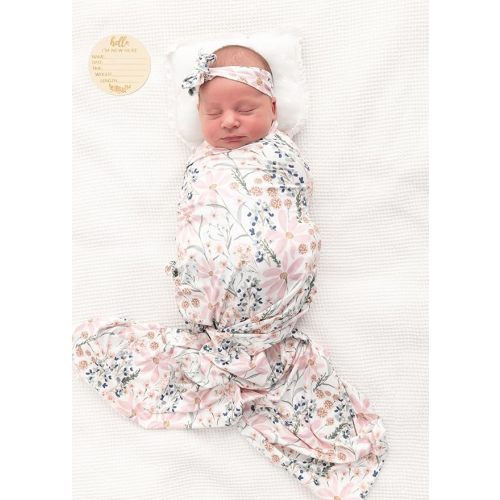 Newborn Baby Girl Receiving Blanket Swaddle Blanket Stretchy Knit Swaddle Set with Matching Headband Beanie with a Name Card (Pink and Purple Floral)
