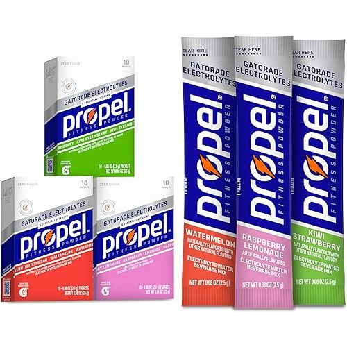 Propel Electrolyte Enhanced Water Drink Mix Powder Packets, Kiwi Strawberry Variety Pack, Zero Calorie & Zero Sugar Hydration with Electrolytes and Vitamins C & E (30 Packets)