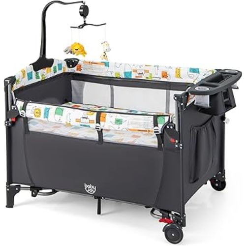 BABY JOY 5-in-1 Pack and Play, Baby Bedside Sleeper with Bassinet, Multifunction Bedside Crib from Newborn to Toddlers, U-Shaped Diaper Changer, Playard, Safety Strap, Music Box & Hanging Toys