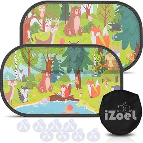 MOVINPE Car Sun Shade for Baby Kids 2 Pack Static Cling Side Window Car 80GSM Rear Sunshades Universal with 8 Suction Cups and Storage Bag - Sun Glare and UV Rays Protection (Forest Animals)