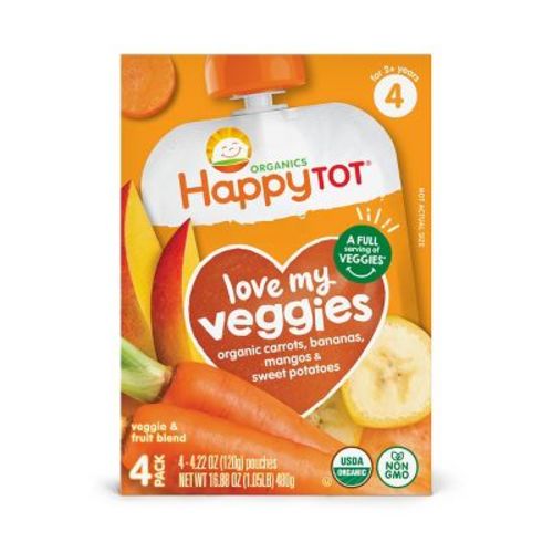 Happy Tot Love My Veggies Organic Carrots, Bananas, Mangos & Sweet Potatoes Toddler Pouch - 4.22oz/4pk: Vegan Pureed Baby Food, Ready to Eat