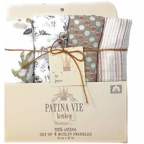 Patina Vie Baby Set of 4 Muslin Swaddles, All Cotton 42 X 42 inches, Spring Hopper Design