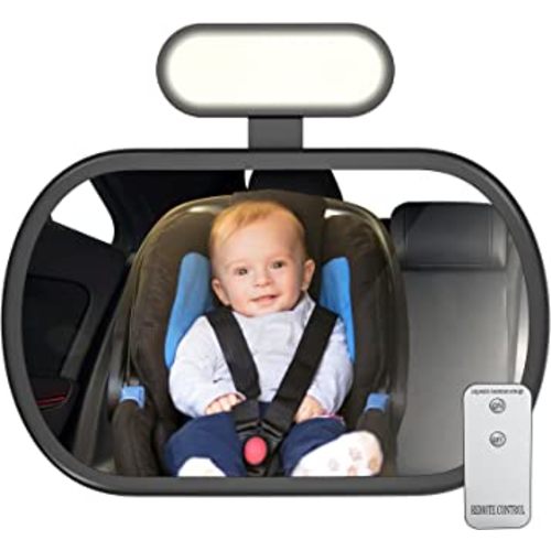 JoyDow Baby Car Mirror with Night Light, Safety Rear Facing Car Seat Mirror for Infant Newborn, Wide Crystal Clear View 360° Adjustable, Crash Tested & Shatterproof, Soft Night Light