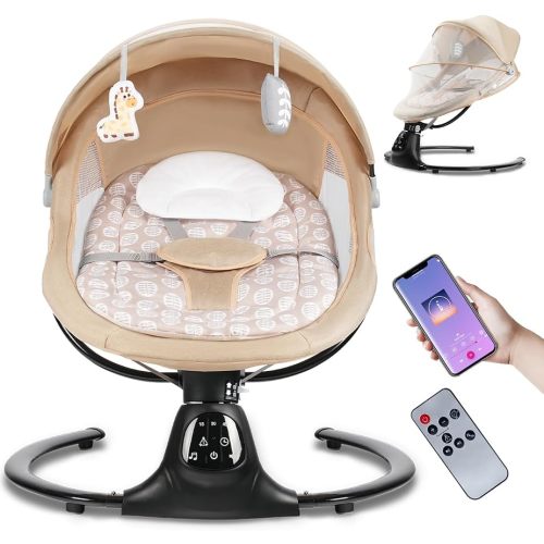 Baby Swing for Infants, 0-9 Months Baby Swing Support Music Playback, 5 Sway Speed, Electric Swing for Baby with Remote Control, Indoor & Outdoor Use (Dark Khaki)