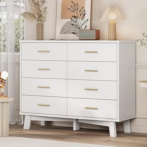 Dresser for Bedroom, 8 Drawer Wide Modern Chest of Drawers with X-Shaped Sturdy Base, Wood Double Dresser Closet Clothes Storage Organizer, Wooden TV Stand for Living Room, Hallway, White