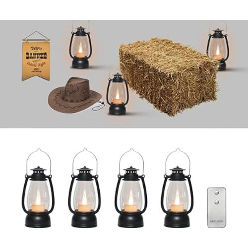 LLQ Small Lantern Decorative with Remote, Vintage Mini Candle Lanterns Decor, Black Lantern Decor for Table Centerpieces,Camping,Western Party,Rustic Wedding,Halloween,Christmas Decor