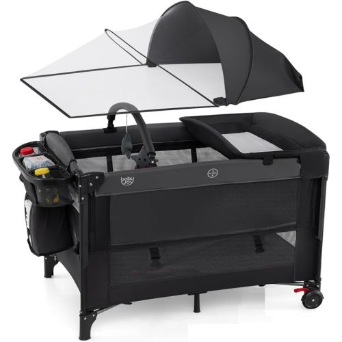 BABY JOY 5-in-1 Pack and Play with Canopy, 4 Adjustable Heights Baby Bedside Sleeper w/Bassinet, U-Shaped Diaper Changer, Safety Strap, Side Zipper, Portable Bedside Playard from Newborn to Toddlers