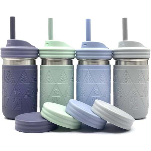 Elk and Friends Stainless Steel Cups | 10 oz Mason Jar design | Kids & Toddler Cups with Silicone Sleeves & Straws with Stopper | Smoothie Cups