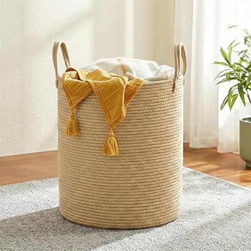 SONGMICS Laundry Hamper, Cotton Rope Laundry Basket with Handles, for Children, Toys, Clothing, Living Room, Bedroom, 15.8 Gallons, 13.8 x 13.8 x 19.7 Inches, Yellowish Brown URLH061KZ01